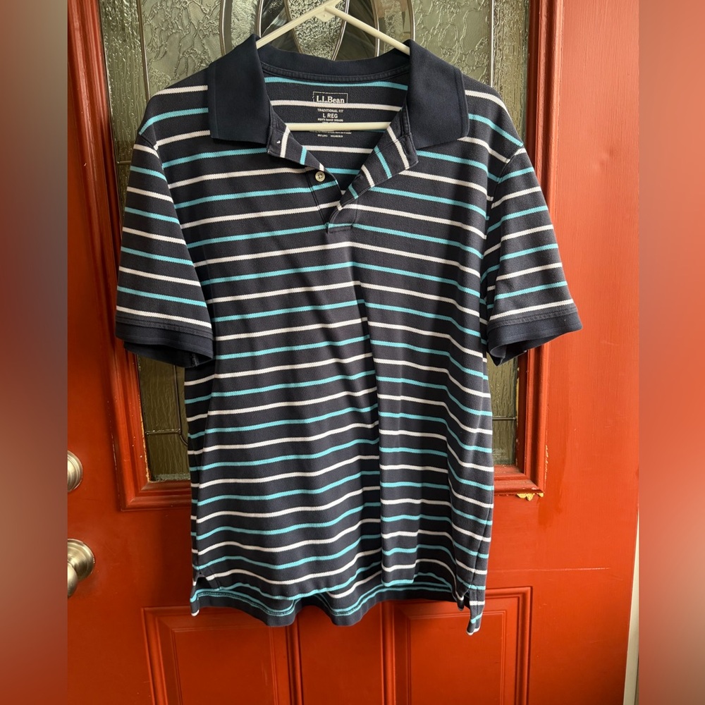 L.L. Bean Navy Polo with Light Blue and White Stripes